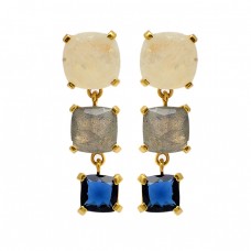 Labradorite Blue Quartz Moonstone 925 Sterling Silver Gold Plated Stud Earrings