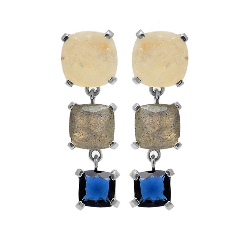 Labradorite Blue Quartz Moonstone 925 Sterling Silver Gold Plated Stud Earrings