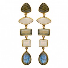 Labradorite Moonstone 925 Sterling Silver Gold Plated Bezel Setting Stud Earrings