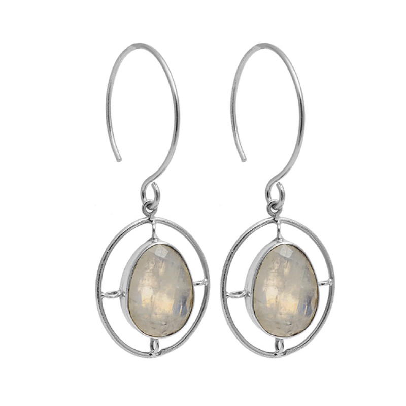 Oval Shape Labradorite Gemstone 925 Sterling Silver Gold Plated Dangle Hoop Earrings