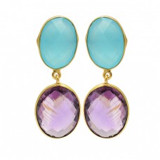 Amethyst Chalcedony Gemstone 925 Sterling Silver Gold Plated Stud Dangle Earrings