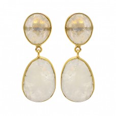 Oval Shape Rainbow Moonstone 925 Sterling Silver Gold Plated Stud Dangle Earrings