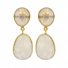 Oval Shape Rainbow Moonstone 925 Sterling Silver Gold Plated Stud Dangle Earrings