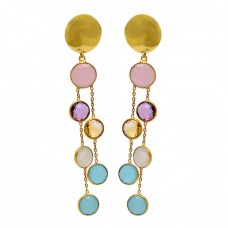 925 Sterling Silver Round Shape Gemstone Gold Plated Stud Chain Dangle Earrings