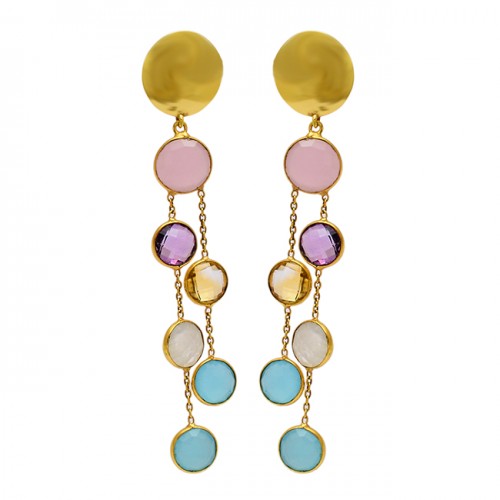 925 Sterling Silver Round Shape Gemstone Gold Plated Stud Chain Dangle Earrings