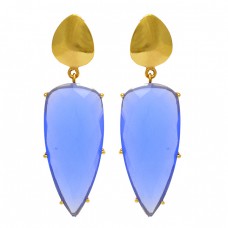 Blue Chalcedony Gemstone 925 Sterling Silver Gold Plated Stud Dangle Earrings