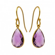 Pear Shape Amethyst Gemstone 925 Sterling Silver Gold Plated Bezel Setting Earrings