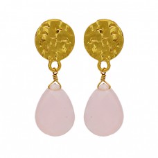 Rose Chalcedony Gemstone 925 Sterling Silver Gold Plated Stud Dangle Earrings