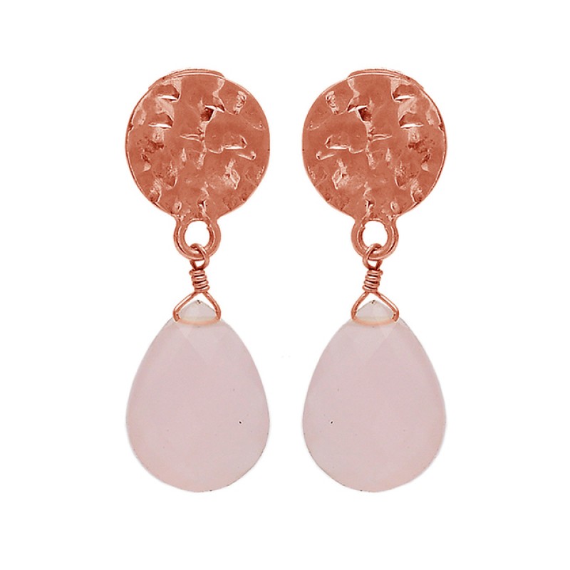 Rose Chalcedony Gemstone 925 Sterling Silver Gold Plated Stud Dangle Earrings