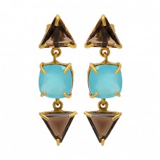 Smoky Quartz Aqua Chalcedony Gemstone 925 Silver Gold Plated Stud Dangle Earrings