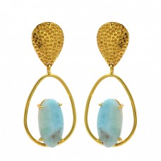 Oval Shape Larimar Gemstone 925 Sterling Silver Gold Plated Dangle Stud Earrings
