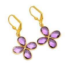 925 Sterling Silver Amethyst Pear Shape Gemstone Gold Plated Clip-On Earrings