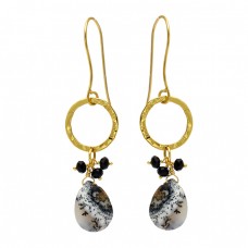Black Onyx Dendrite Opal Gemstone 925 Sterling Silver Gold Plated Dangle Earrings