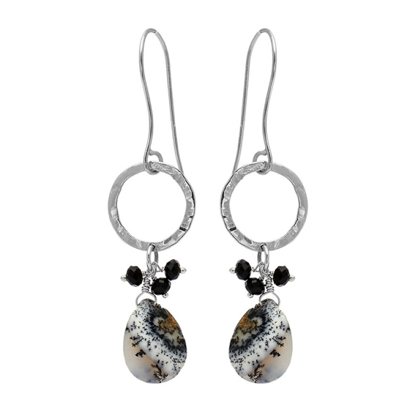 Black Onyx Dendrite Opal Gemstone 925 Sterling Silver Gold Plated Dangle Earrings