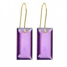 925 Sterling Silver Rectangle Shape Amethyst Gemstone Gold Plated Earrings