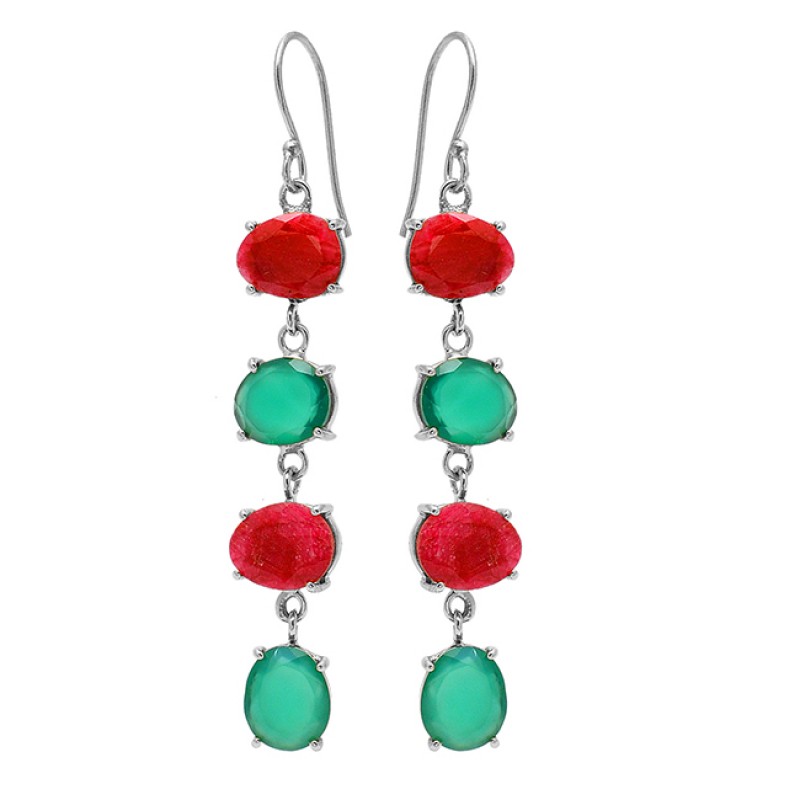 Ruby Green Onyx Gemstone 925 Sterling Silver Gold Plated Prong Setting Earrings