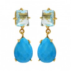 Blue Topaz Turquoise Gemstone 925 Sterling Silver Gold Plated Prong Setting Earrings