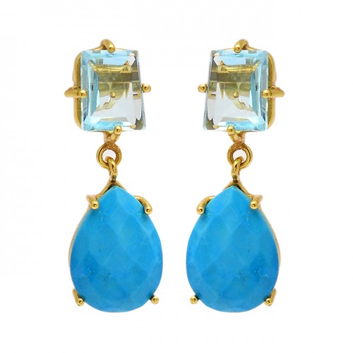 Blue Topaz Turquoise Gemstone 925 Sterling Silver Gold Plated Prong Setting Earrings