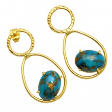 Oval Cabochon Blue Copper Turquoise Gemstone 925 Silver Gold Plated Stud Earrings