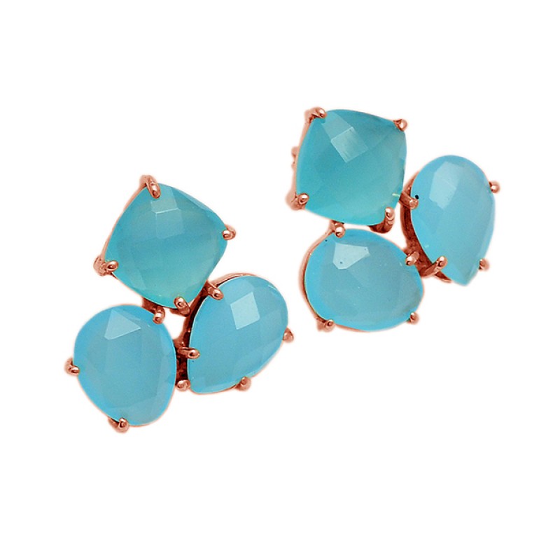 Aqua Chalcedony Gemstone 925 Sterling Silver Gold Plated Prong Setting Earrings