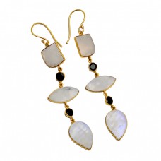 Rose Qaurtz Black Onyx Moonstone 925 Sterling Silver Gold Plated Dangle Earrings