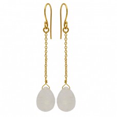 Pear Drops Shape Moonstone 925 Sterling Silver Gold Plated Chain Dangle Earrings