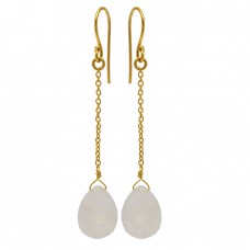 Pear Drops Shape Moonstone 925 Sterling Silver Gold Plated Chain Dangle Earrings