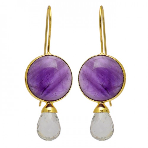 Amethyst Rainbow Moonstone 925 Sterling Silver Gold Plated Fixed Ear Wire Earrings