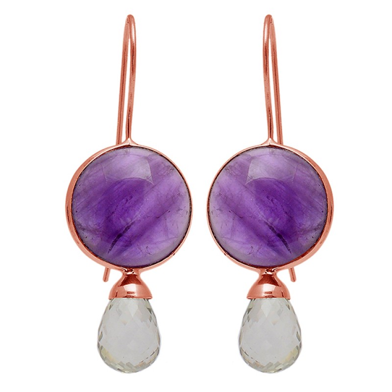 Amethyst Rainbow Moonstone 925 Sterling Silver Gold Plated Fixed Ear Wire Earrings