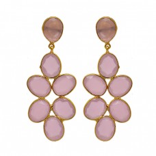 Rose Chalcedony Gemstone 925 Sterling Silver Gold Plated Bezel Setting Earrings