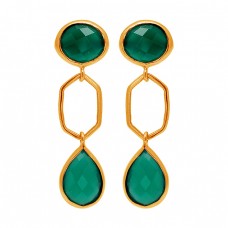 Green Onyx Gemstone 925 Sterling Silver Gold Plated Stud Dangle Handmade Earrings