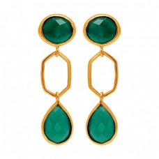 Green Onyx Gemstone 925 Sterling Silver Gold Plated Stud Dangle Handmade Earrings