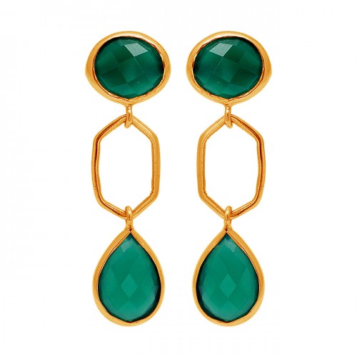 Green Onyx Gemstone 925 Sterling Silver Gold Plated Stud Dangle Handmade Earrings