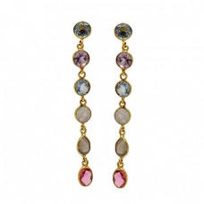 Bezel Setting Multi Color Gemstone 925 Sterling Silver Gold Plated Dangle Earrings