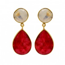 925 Sterling Silver Moonstone Ruby Gemstone Gold Plated Stud Dangle Earrings