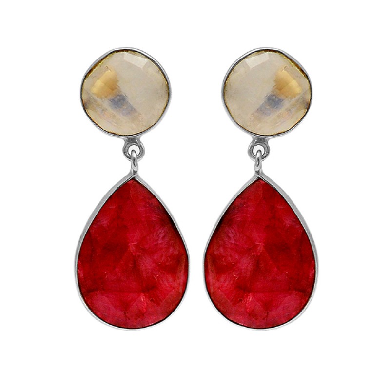 925 Sterling Silver Moonstone Ruby Gemstone Gold Plated Stud Dangle Earrings