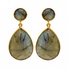 925 Sterling Silver Labradorite Gemstone Gold Plated Stud Dangle Handmade Earrings
