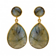 925 Sterling Silver Labradorite Gemstone Gold Plated Stud Dangle Handmade Earrings