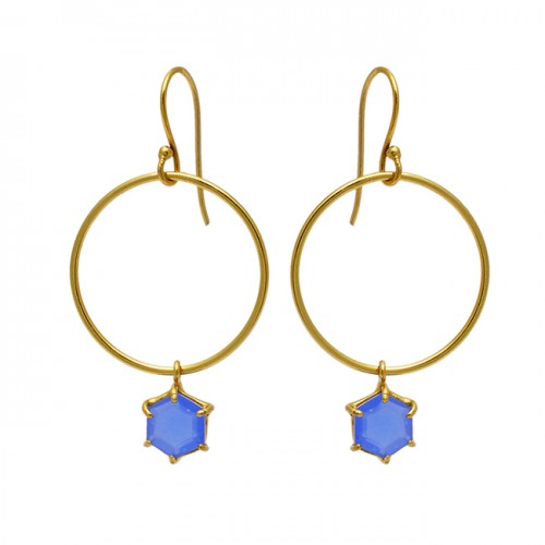 Hexagon Shape Blue Chalcedony Gemstone 925 Sterling Silver Dangle Earrings