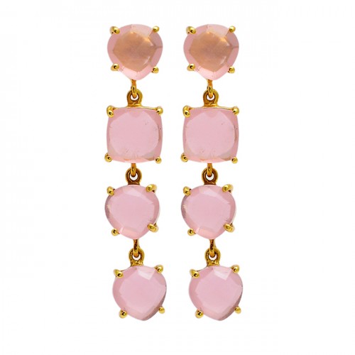 Prong Setting Pink Quartz Chalcedony Gemstone 925 Silver Gold Plated Stud Earrings