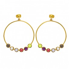 Round Cabochon Multi Color Gemstone 925 Sterling Silver Gold Plated Earrings