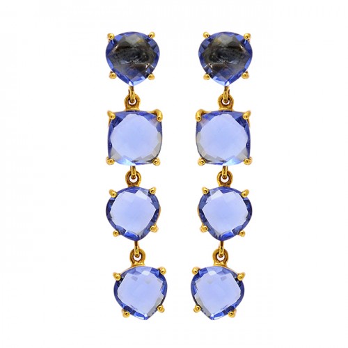 Prong Setting Blue Quartz Gemstone 925 Sterling Silver Gold Plated Stud Dangle Earrings