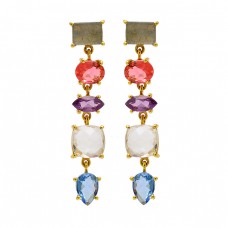 925 Sterling Silver Multi Color Gemstone Gold Plated Prong Setting Stud Earrings