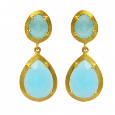 Pear Shape Aqua Chalcedony Gemstone 925 Sterling Silver Gold Plated Stud Earrings