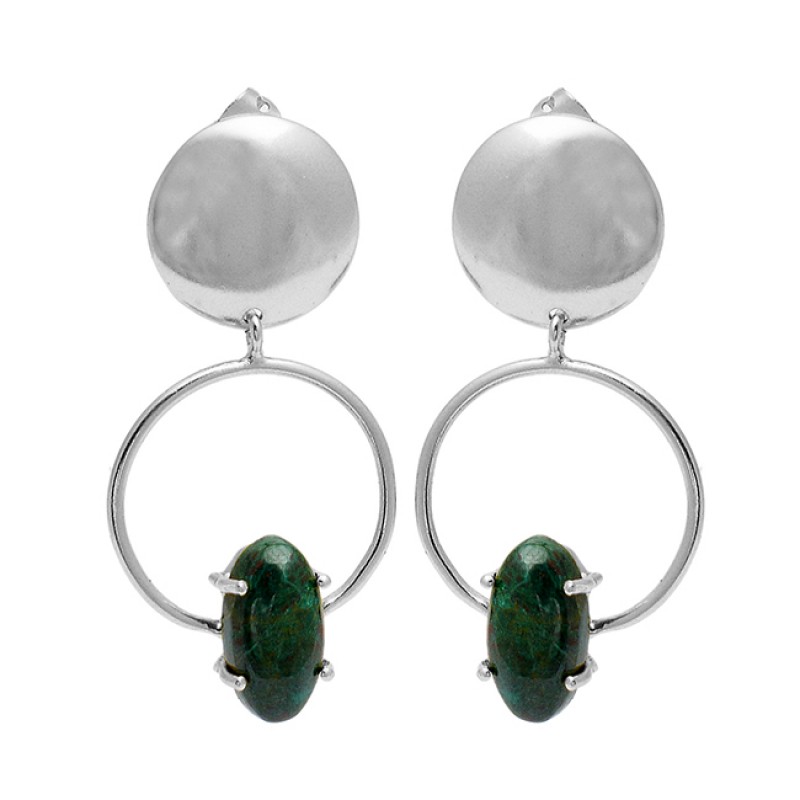 Oval Cabochon Malachite Gemstone 925 Sterling Silver Gold Plated Stud Earrings