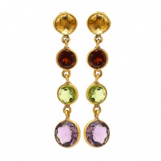 Bezel Setting Round Shape Gemstone 925 Sterling Silver Gold Plated Dangle Earrings