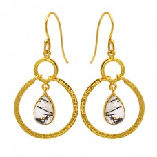 Pear Shape Black Rutile Quartz Gemstone 925 Sterling Silver Gold Plated Earrings