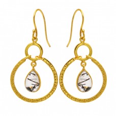 Pear Shape Black Rutile Quartz Gemstone 925 Sterling Silver Gold Plated Earrings
