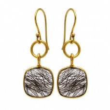 Cushion Shape Black Rutile Quartz Gemstone 925 Sterling Silver Gold Plated Earrings