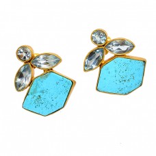 925 Sterling Silver Blue Topaz Turquoise Gemstone Gold Plated Stud Earrings